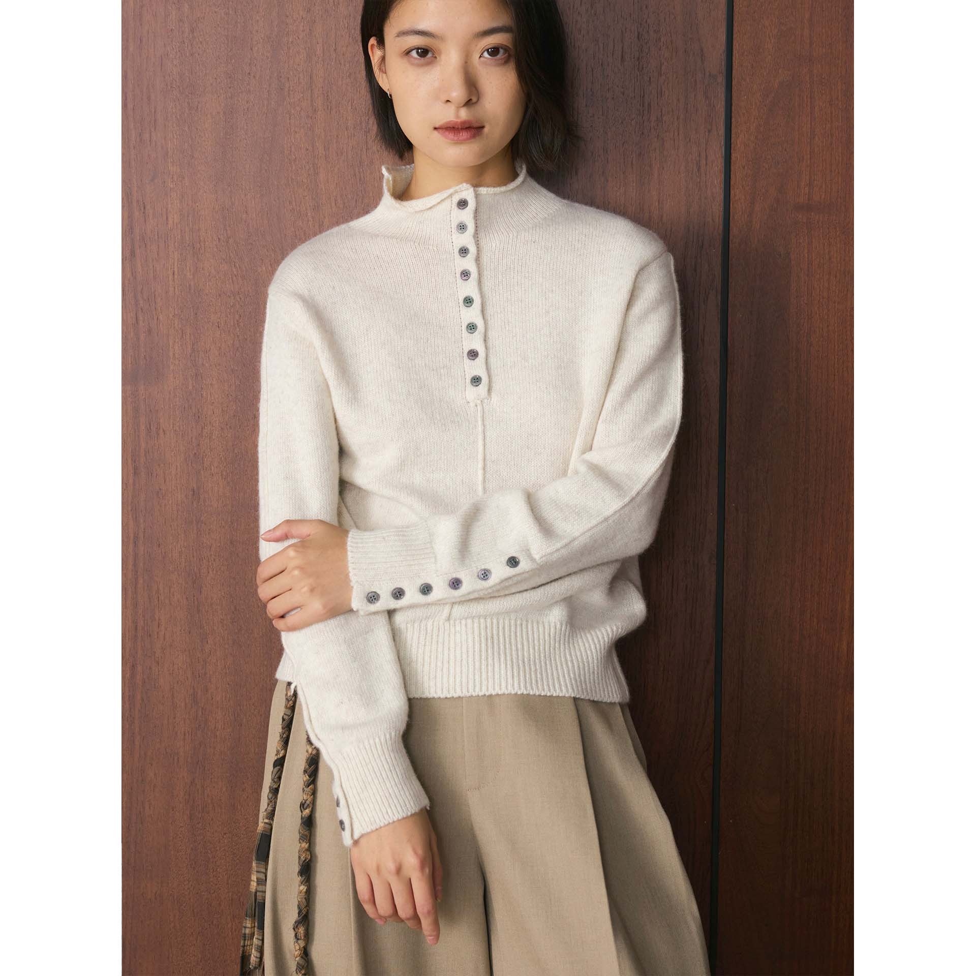 Thermal Base Layer - 레트로 스타일의 일본풍 니트 스웨터, 단추로