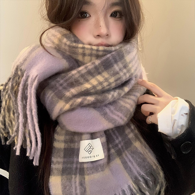 퍼플 체크 스카프 여성용 가을 겨울 한국 스타일 두꺼운 - Winter Clothing Korea 리뷰 및 가격