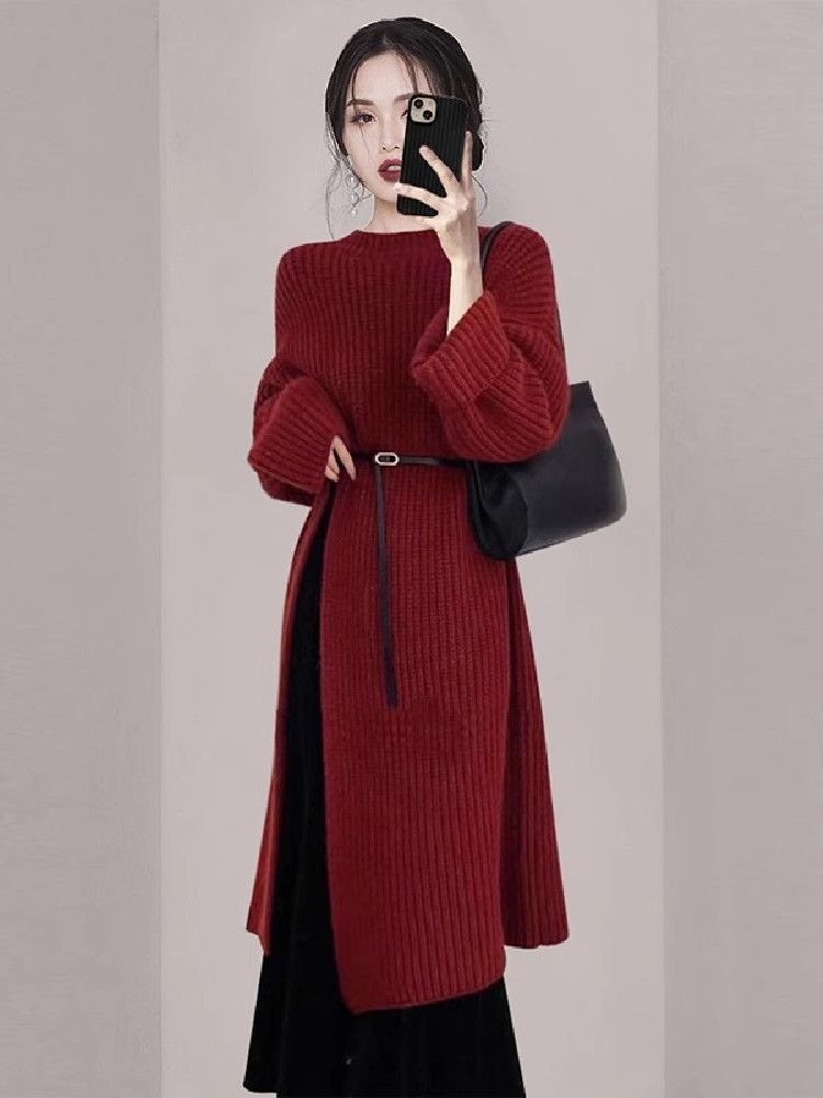 여성 우아한 레드 니트 드레스 가을 겨울 긴팔 미디 오 - Winter Clothing H&M 리뷰 및 가격