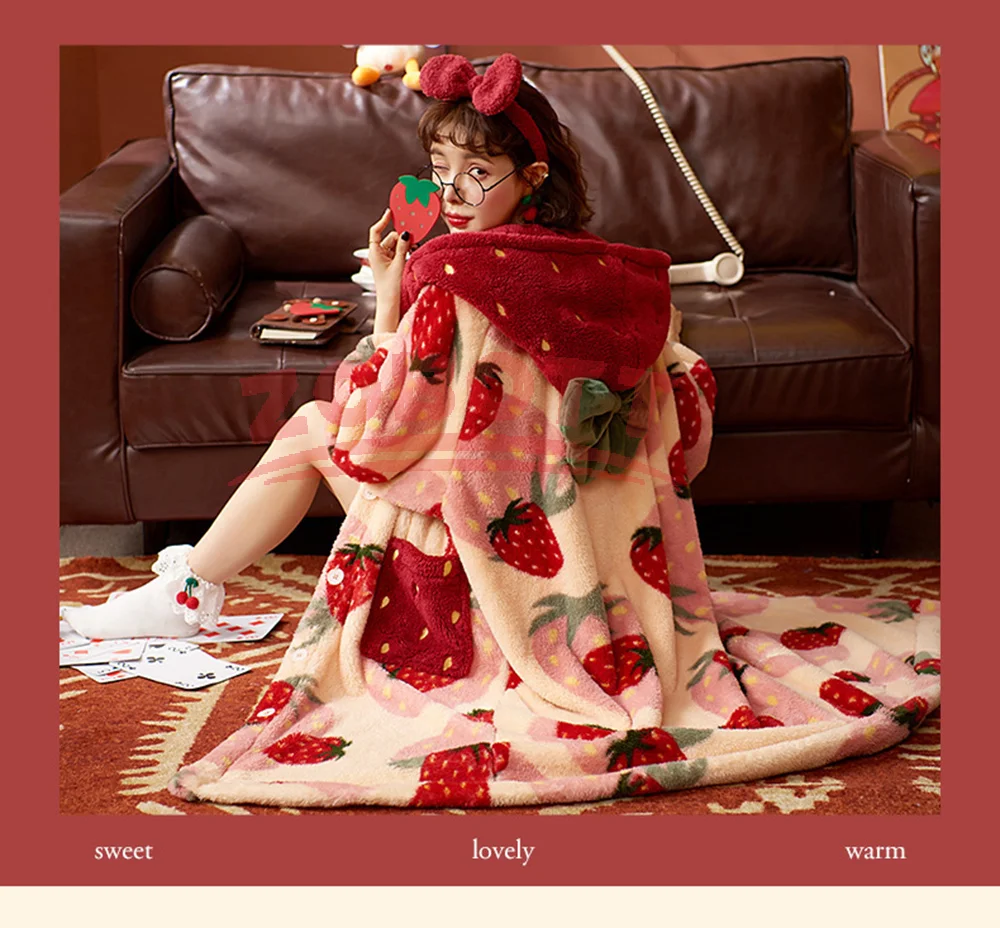 여성용 겨울 잠옷 딸기 만화 후드 롱 로브 자켓 귀여운 - Winter Clothing Europe 리뷰 및 가격